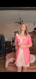 Load image into Gallery viewer, Vintage Pink Lace Peignoir Robe 1960s Sheer Negligee
