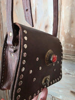 Load image into Gallery viewer, Handmade Brown Leather Studded Shoulder Bag Boho Festival Crossbody Red Gem Detail
