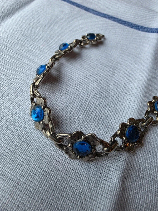 Vintage Blue Rhinestone Floral Bracelet – 1950s