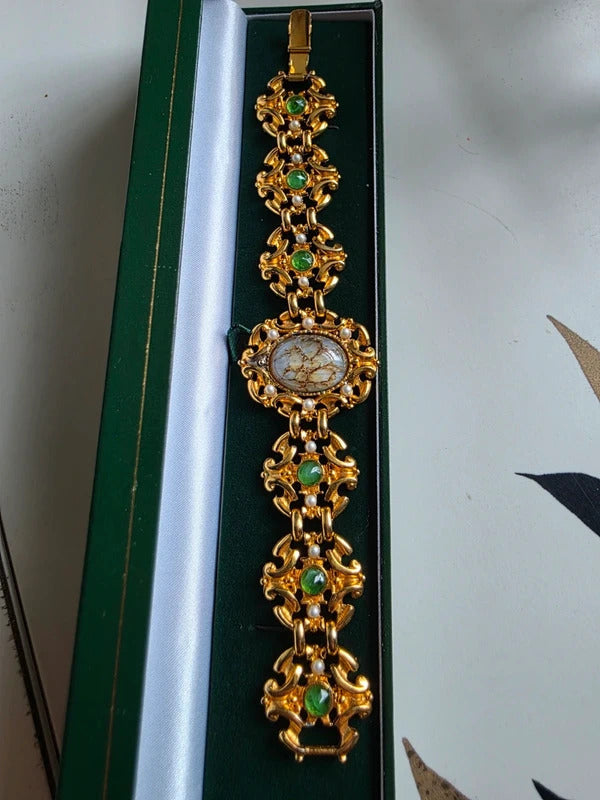 Vintage Mid-Century Gold-Tone Costume Bracelet with Green & Faux Pearl Details