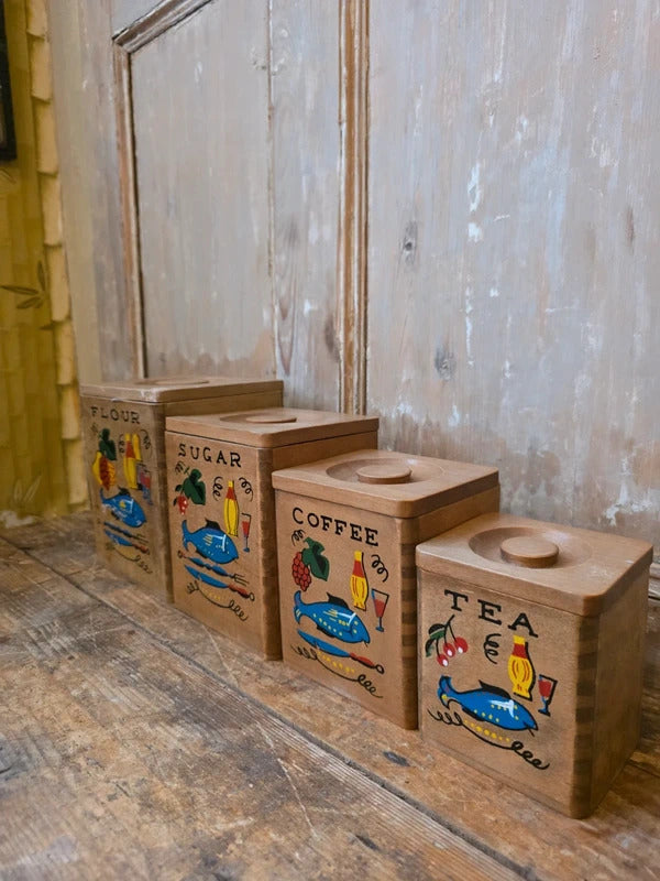Vintage 1940s–1950s Hand-Painted Kitchen Canister Set (Flour, Sugar, Coffee, Tea)