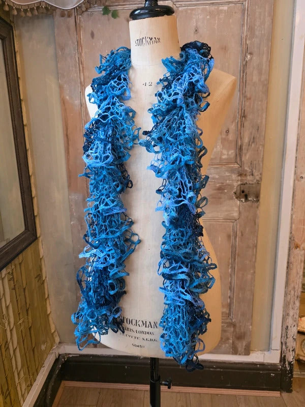 Vintage Y2K Ruffle Skinny Scarf | Crochet Knit Frilly Scarf | Boho Festival Accessory s