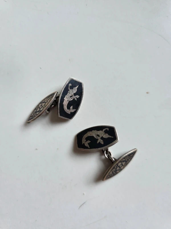 1930s Vintage Siam Silver Niello Cufflinks with Mythical Figure