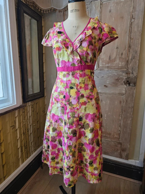 Vintage Y2K M&S Pink & Yellow Floral Linen Dress UK 12