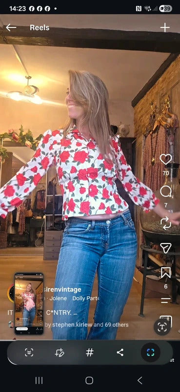 Vintage 1980s/90s Joliet Red Rose Print Blouse approx UK 12