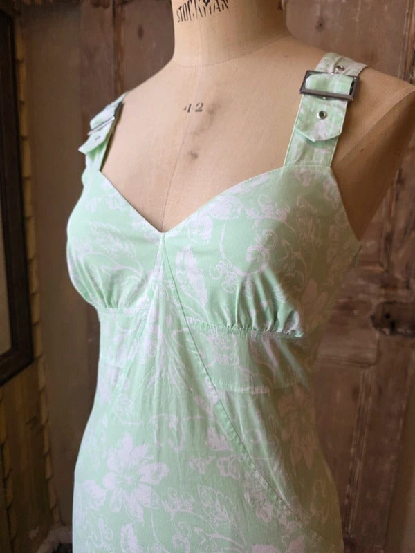 Vintage Y2K Mint Green Floral Buckle-Strap Midi Dress UK8