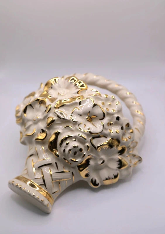 Vintage Retro 40s Kensington Ware KPB Wall Cream Gold Pocket Flower Basket Vase