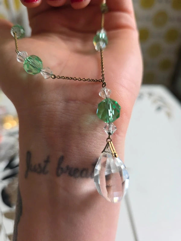 Vintage Art Deco Faceted Glass Drop Necklace – Green & Clear