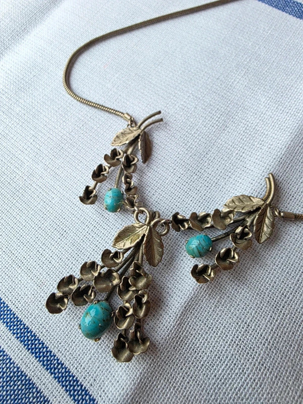 Vintage Mid Century Silver Tone Floral Necklace with Turquoise Blue Drops