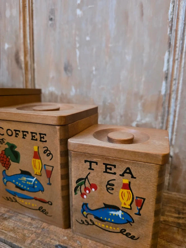 Vintage 1940s–1950s Hand-Painted Kitchen Canister Set (Flour, Sugar, Coffee, Tea)