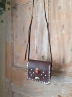 Load image into Gallery viewer, Handmade Brown Leather Studded Shoulder Bag Boho Festival Crossbody Red Gem Detail
