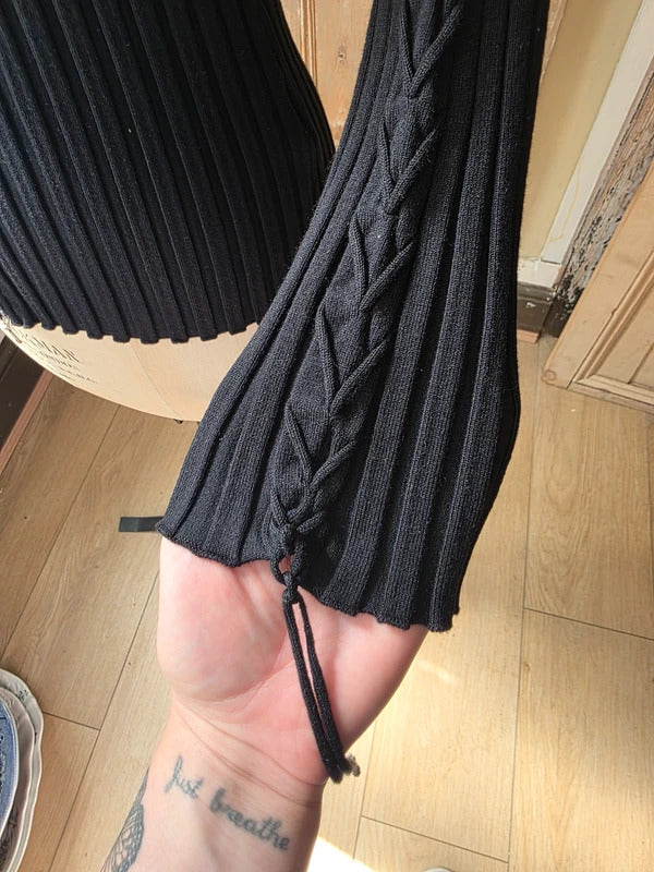 Vintage  y2k Belldini Black Ribbed Zip-Up Knit Cardigan Sweater Cable-Detail Sleeve