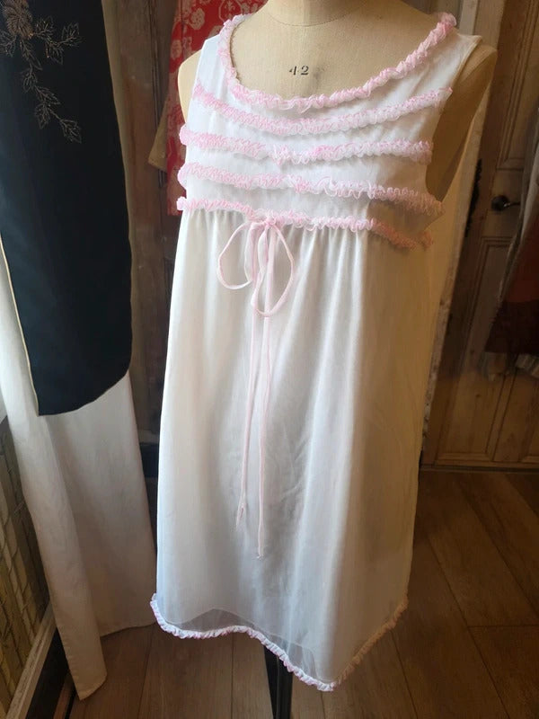 Vintage 1960s White Pink Ruffle Negligee Sheer Babydoll Nightdress Slip Nightie Lingerie Boudoir