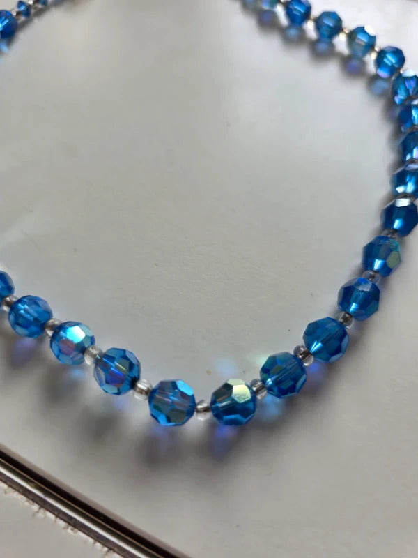 Vintage 1950s Blue Faceted Glass Bead Necklace