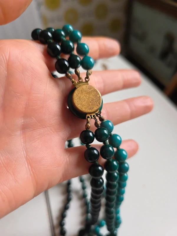 Vintage 1950s–1960s Vintage 3 Strand Green Glass Bead Necklace