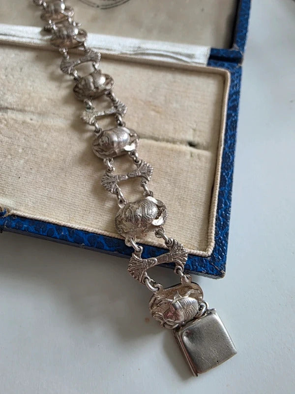 Vintage Egyptian Revival Solid Silver Scarab Bracelet