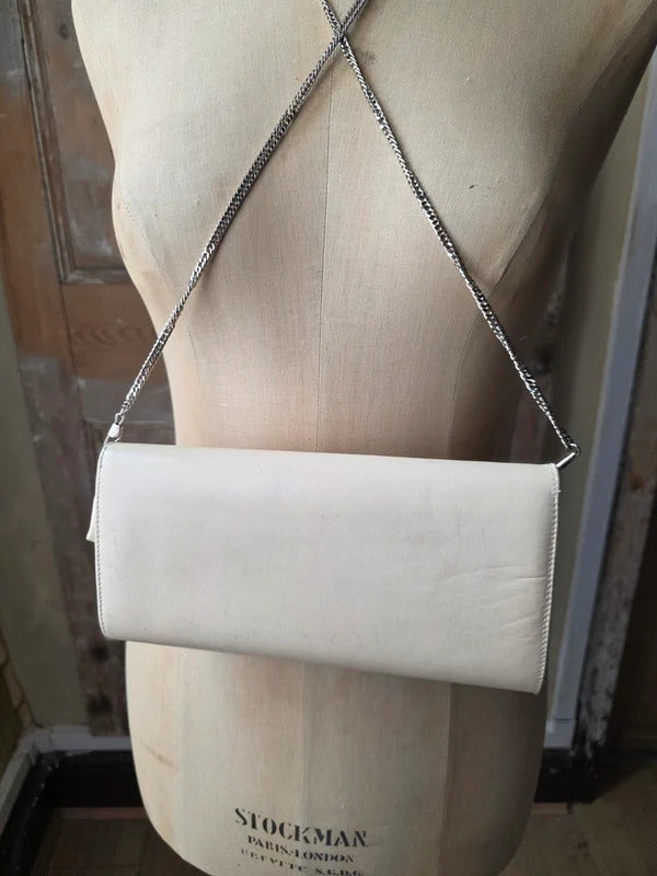 Vintage Michel Ambers Cream Leather Clutch Bag chain
