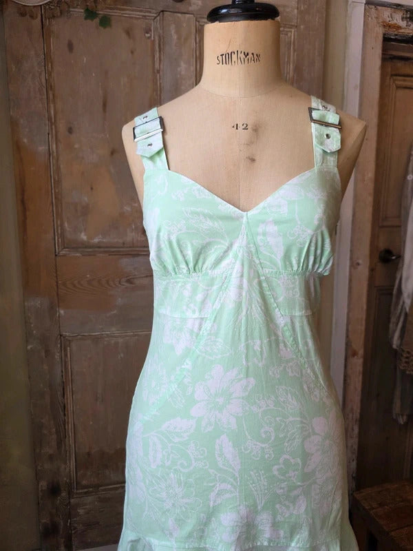 Vintage Y2K Mint Green Floral Buckle-Strap Midi Dress UK8