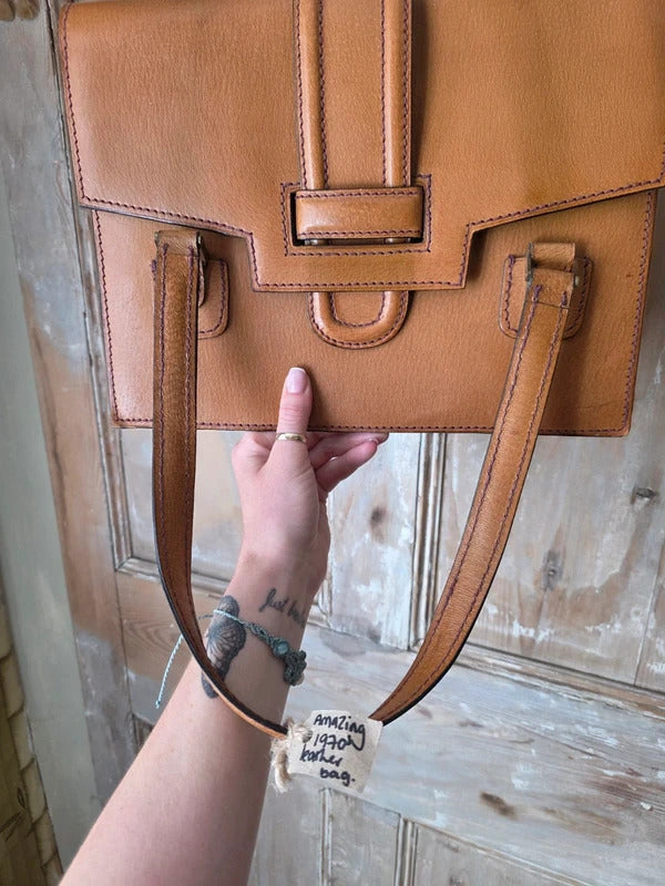 Vintage 1970s Tan Leather Satchel Contrast Stitch Briefcase Bag