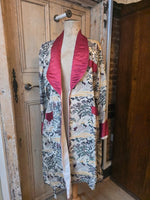Load image into Gallery viewer, Vintage 1940s Japanese Silk Dressing Gown / Smoking Robe – Scenic Print – Red Satin Trim
