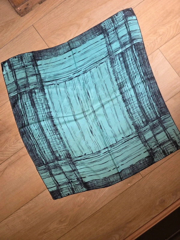 Vintage Silk Jacqmar Blue Scarf - Turquoise Crosshatch Print