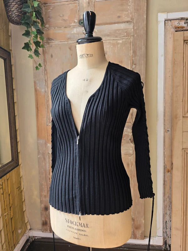 Vintage  y2k Belldini Black Ribbed Zip-Up Knit Cardigan Sweater Cable-Detail Sleeve