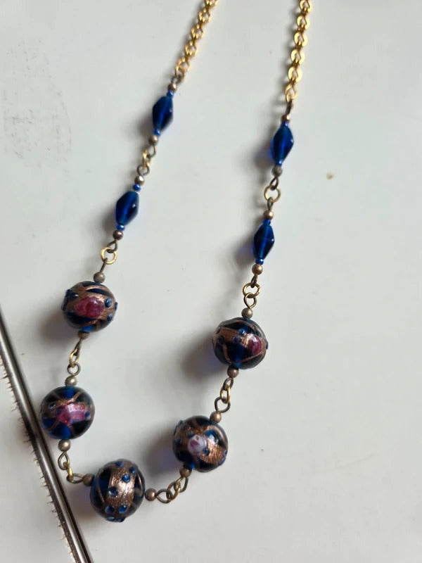 Vintage Lampwork Glass Necklace – Wedding Cake Beads Blue & Gold