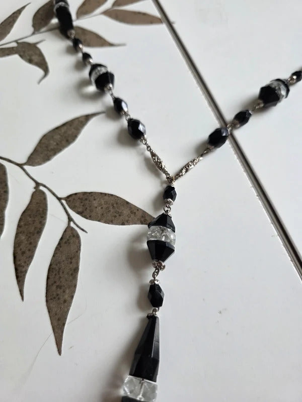 Art Deco Cut Glass Necklace – Black & Clear Long Flapper Style