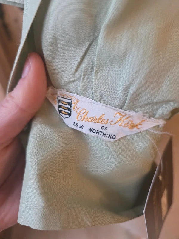 Vintage 1950s Pale Green Fitted Blouse – Charles Hire Worthing, Button Front, Cinched Waist