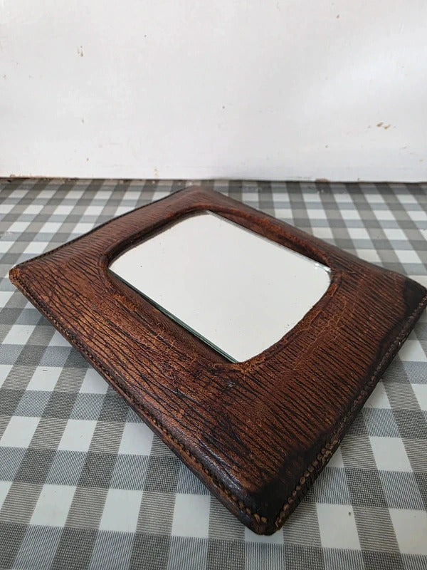 Antique WW1 Leather Travel Mirror Pocket Mirror Military Era