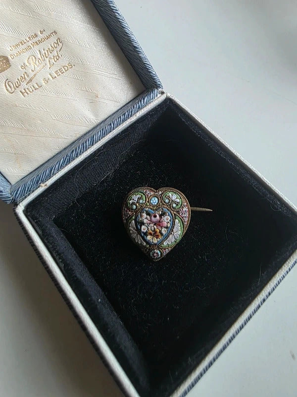 Antique Victorian micro mosaic love heart brooch