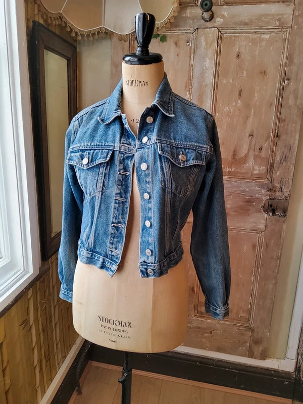 Vintage Y2K Cropped Denim Jacket Green Jeans Streetwear Mid Wash Blue Size S