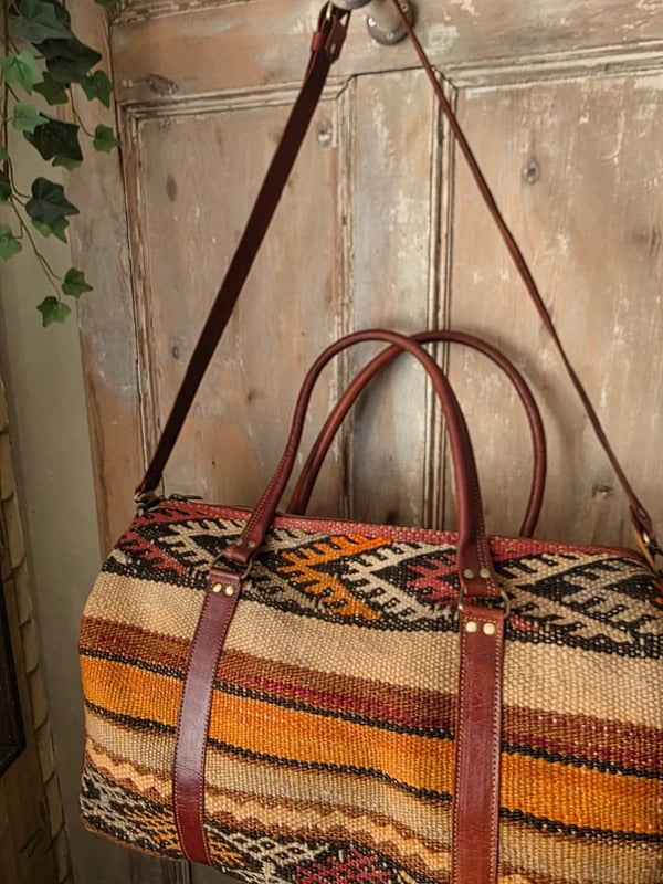 New Handmade Wool Leather Travel Bag Kilim Weekender Overnight Holdall