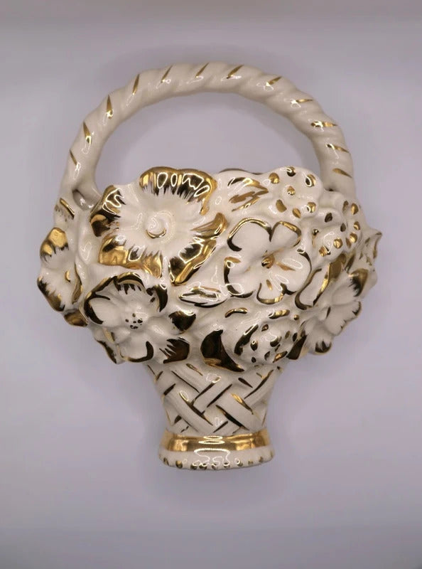 Vintage Retro 40s Kensington Ware KPB Wall Cream Gold Pocket Flower Basket Vase