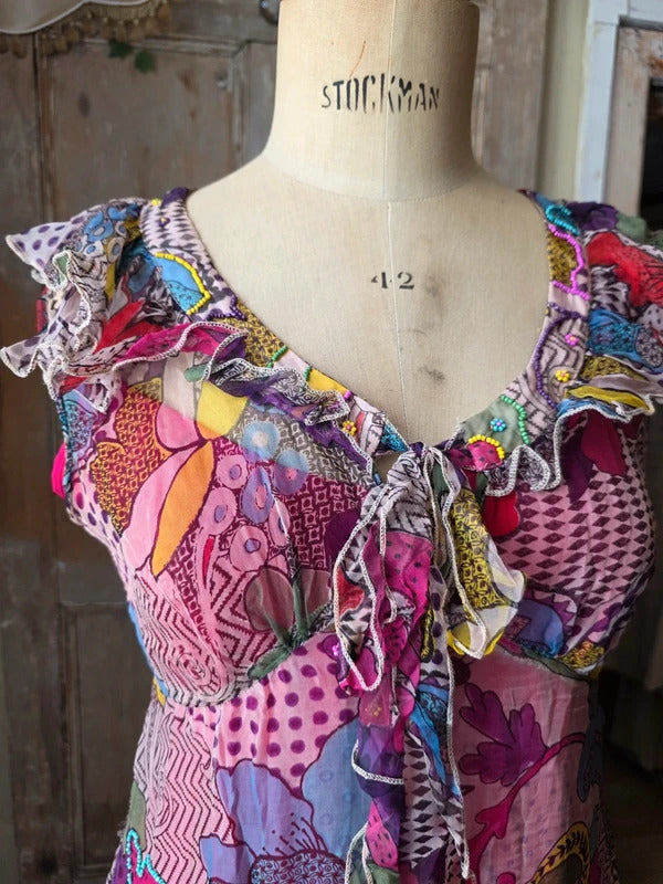 Vintage Y2K Silk Beaded Dress | Floral | fairycore | Bust 38"