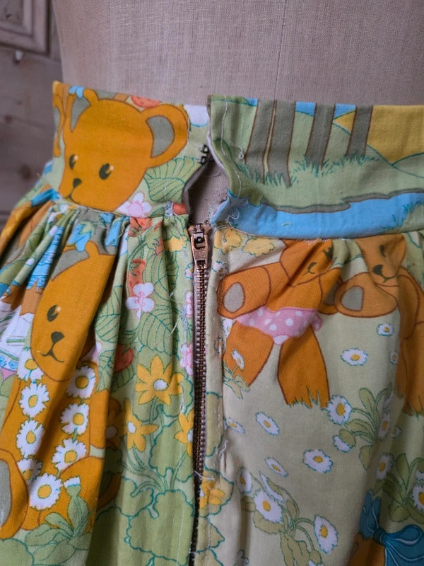 Vintage Handmade Novelty Print Cotton Skater Skirt | Teddy Bear Picnic | Upcycled | UK 8–10