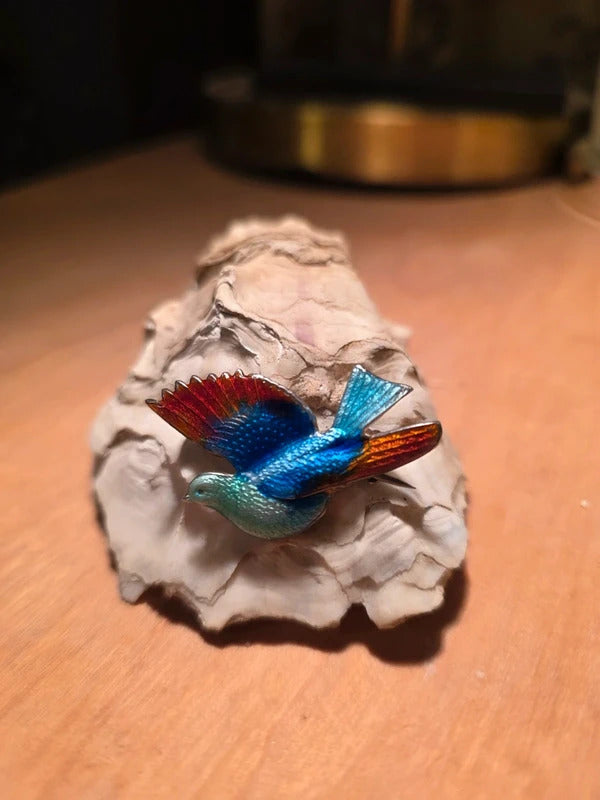 Vintage 1950s Sterling Silver Enamel Bird Brooch – Mid-Century