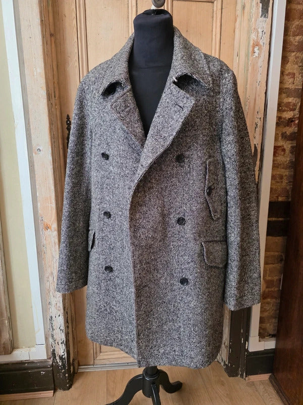 Tommy Hilfiger Wool Blend Coat – Grey Herringbone Double Breasted Jacket – Size L