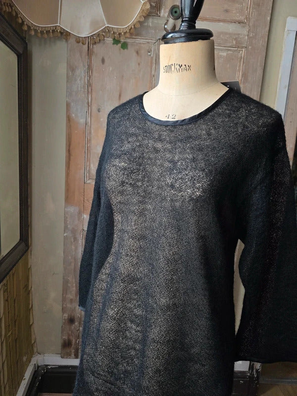 Vintage Black Italian Boucle Wool & Silk Sheer Jumper Large