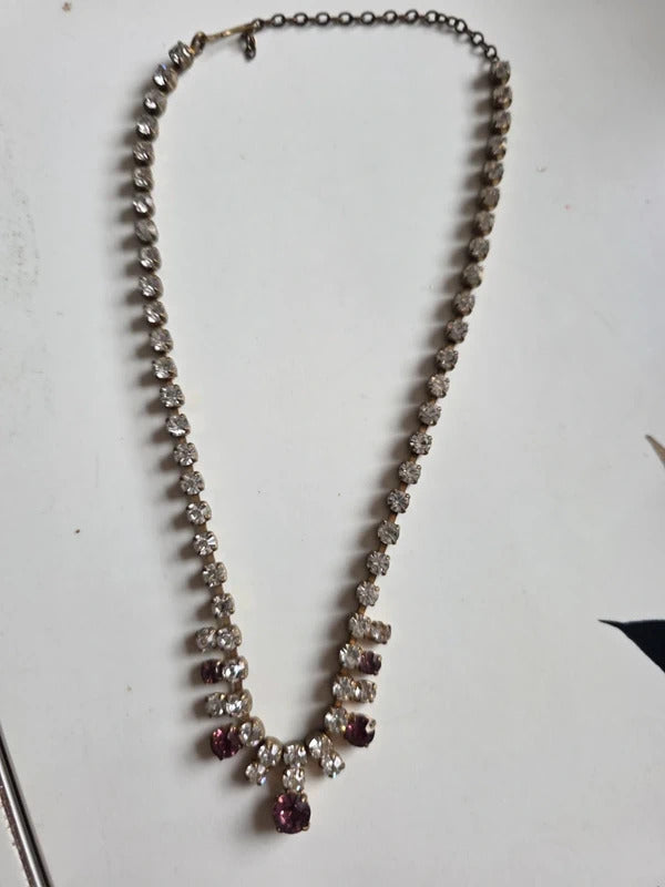 Vintage 1950s Rhinestone Necklace with Amethyst Tone Drops