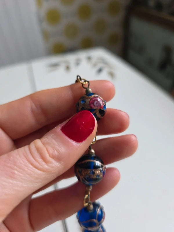 Vintage Lampwork Glass Necklace – Wedding Cake Beads Blue & Gold