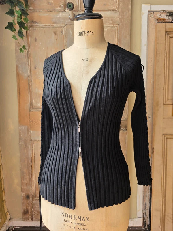 Vintage  y2k Belldini Black Ribbed Zip-Up Knit Cardigan Sweater Cable-Detail Sleeve