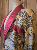 Load image into Gallery viewer, Vintage 1940s Japanese Silk Dressing Gown / Smoking Robe – Scenic Print – Red Satin Trim
