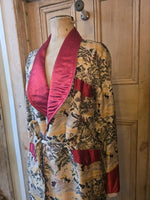 Load image into Gallery viewer, Vintage 1940s Japanese Silk Dressing Gown / Smoking Robe – Scenic Print – Red Satin Trim
