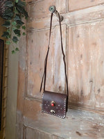 Load image into Gallery viewer, Handmade Brown Leather Studded Shoulder Bag Boho Festival Crossbody Red Gem Detail
