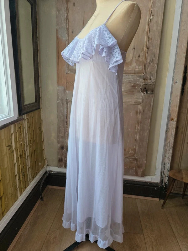 Lilac Maxi Nightgown Vintage 1970s Sheer Nylon with Lace Ruffle