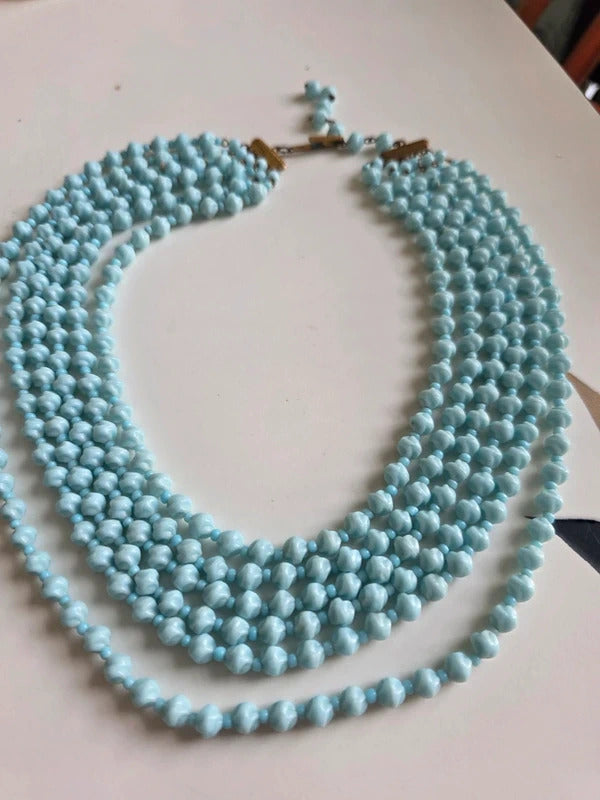 Vintage 1950s Czech Blue Milk Glass Multi Strand Necklace