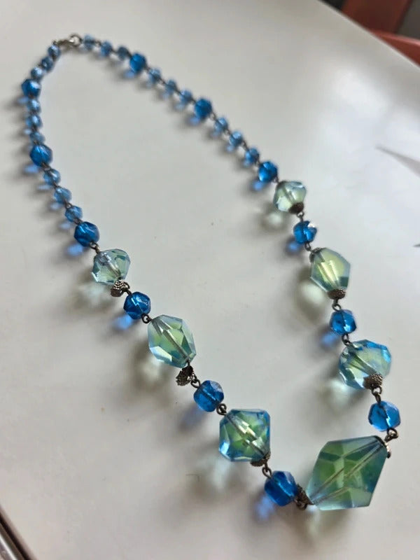 Vintage Czech Bi colour Uranium 1930s Art Deco Faceted Glass Necklace
