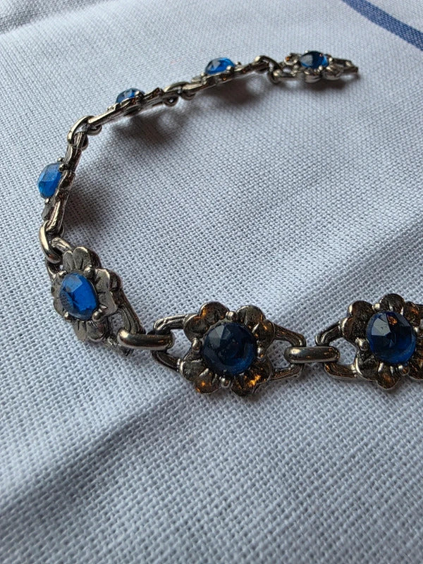 Vintage Blue Rhinestone Floral Bracelet – 1950s