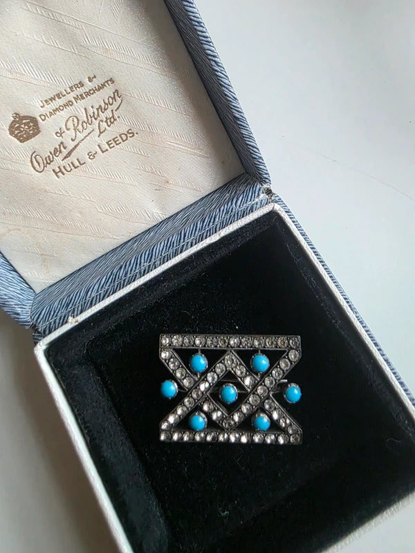 Antique Victorian Turquoise & Paste Brooch Antique Geometric Silver-Tone Pin
